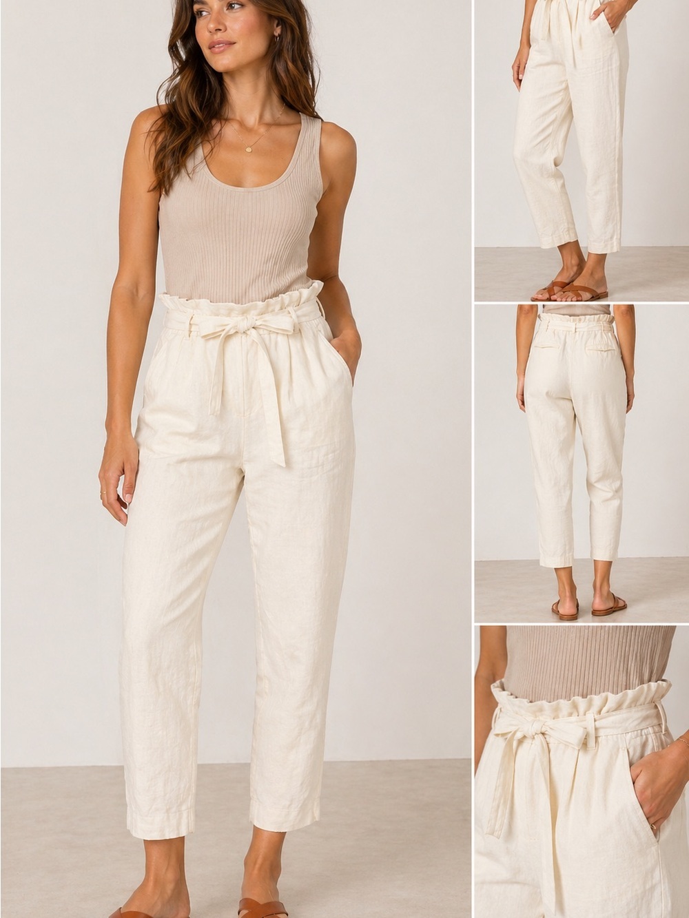 Madewell Linen Blend Paperbag Waist Pants Size 8 Ivory Tie Waist High Rise